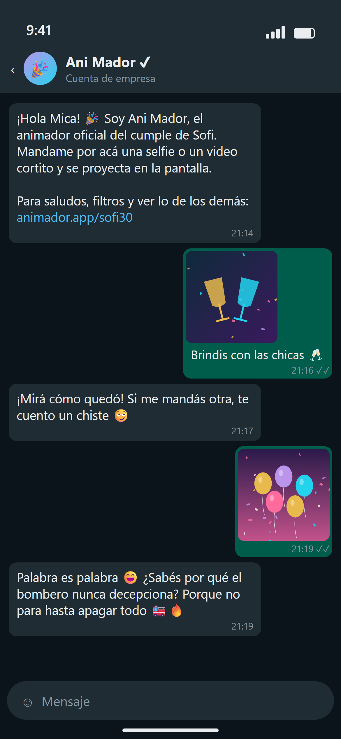 Chat de WhatsApp con Ani Mador (evento de demo)