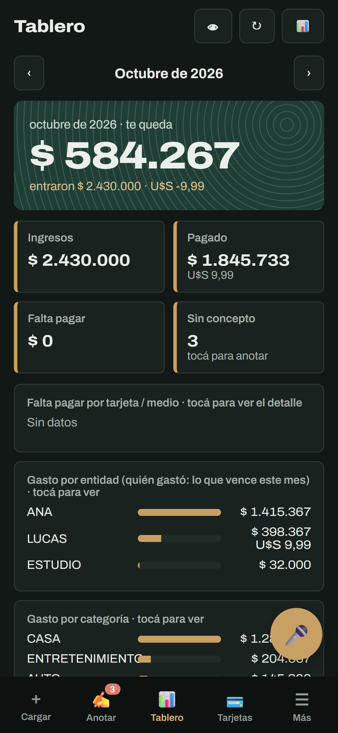 Tablero de la app de finanzas con datos de demo