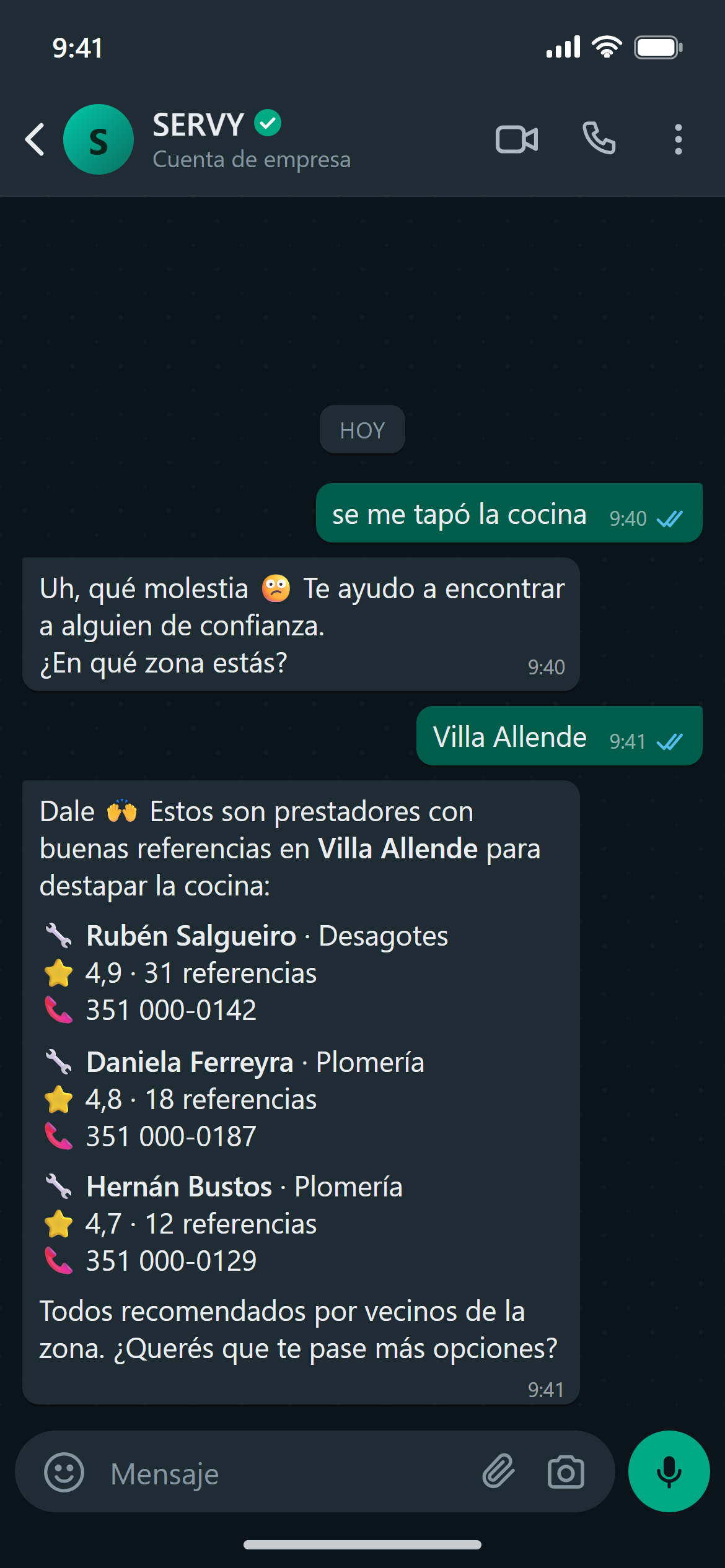Chat de WhatsApp con el bot de SERVY: búsqueda «se me tapó la cocina» y resultados